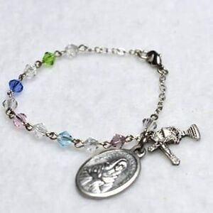 925 St.Kateri Tekakwitha Sterling Silver Charms Multi Color Beaded 6" Bracelet